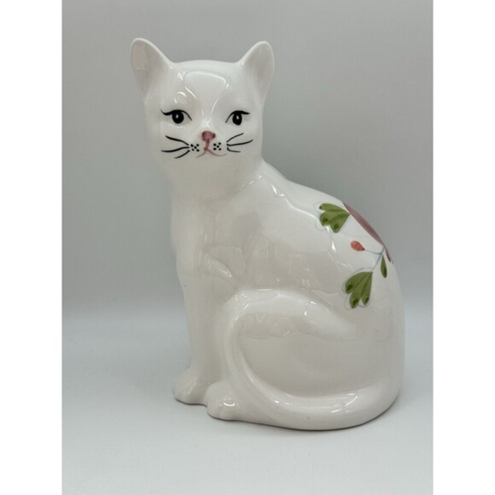 Vintage N.S. Gustin Porcelain Cat Figurine Hand Painted Floral Design 8.25” Tall